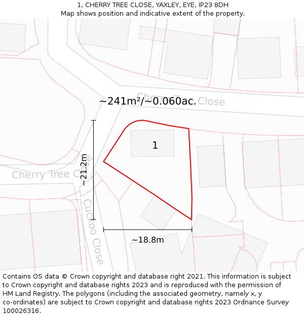 1, CHERRY TREE CLOSE, YAXLEY, EYE, IP23 8DH: Plot and title map