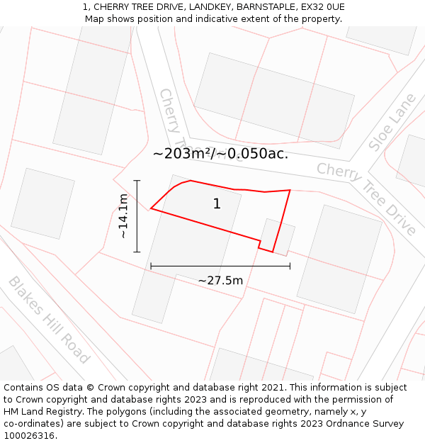 1, CHERRY TREE DRIVE, LANDKEY, BARNSTAPLE, EX32 0UE: Plot and title map