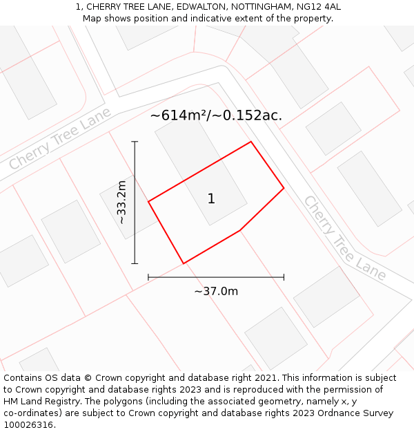 1, CHERRY TREE LANE, EDWALTON, NOTTINGHAM, NG12 4AL: Plot and title map