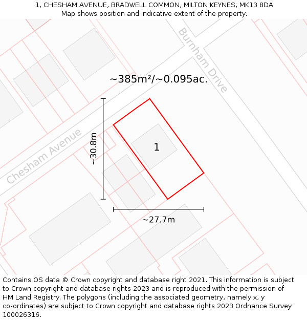 1, CHESHAM AVENUE, BRADWELL COMMON, MILTON KEYNES, MK13 8DA: Plot and title map