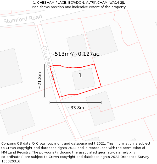 1, CHESHAM PLACE, BOWDON, ALTRINCHAM, WA14 2JL: Plot and title map