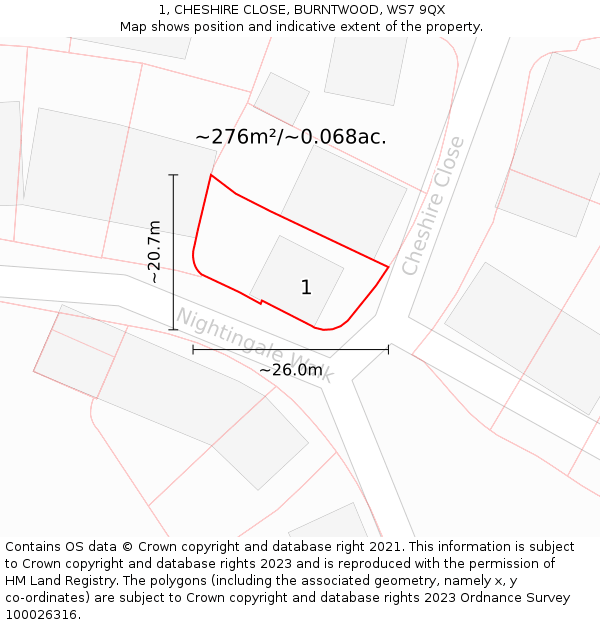 1, CHESHIRE CLOSE, BURNTWOOD, WS7 9QX: Plot and title map