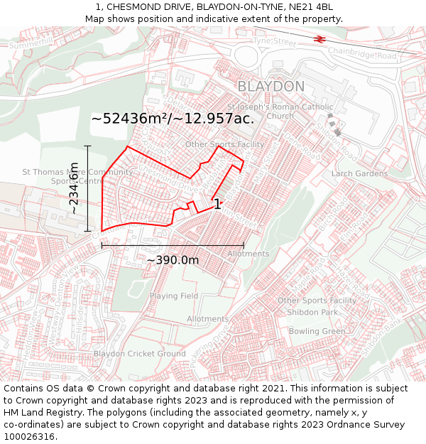 1, CHESMOND DRIVE, BLAYDON-ON-TYNE, NE21 4BL: Plot and title map