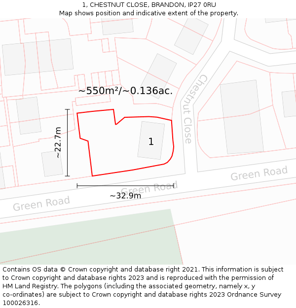 1, CHESTNUT CLOSE, BRANDON, IP27 0RU: Plot and title map