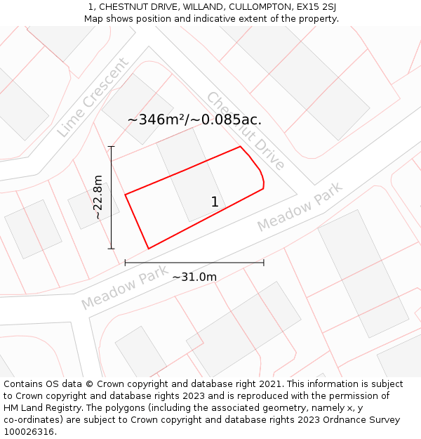 1, CHESTNUT DRIVE, WILLAND, CULLOMPTON, EX15 2SJ: Plot and title map