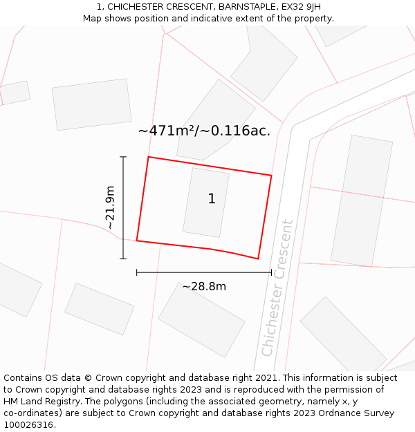 1, CHICHESTER CRESCENT, BARNSTAPLE, EX32 9JH: Plot and title map