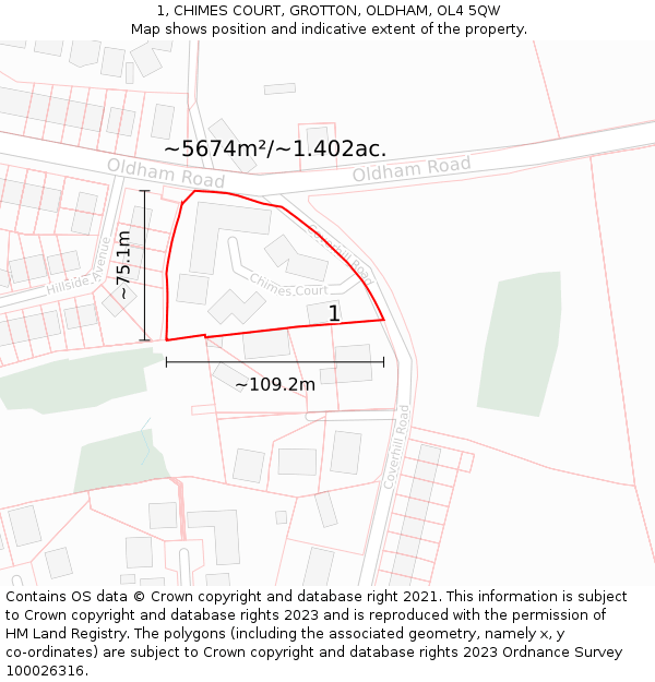 1, CHIMES COURT, GROTTON, OLDHAM, OL4 5QW: Plot and title map