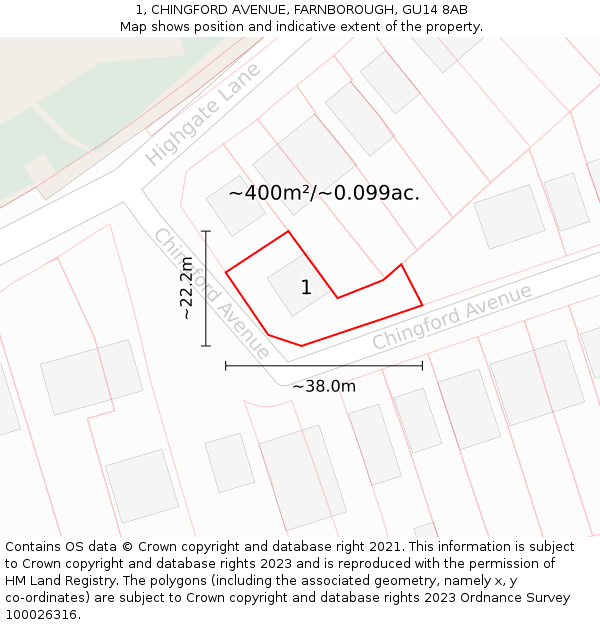 1, CHINGFORD AVENUE, FARNBOROUGH, GU14 8AB: Plot and title map