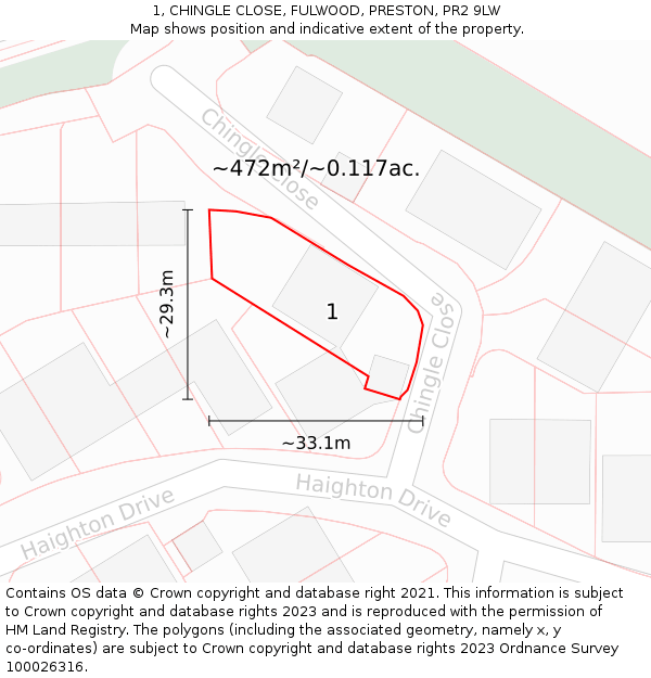 1, CHINGLE CLOSE, FULWOOD, PRESTON, PR2 9LW: Plot and title map