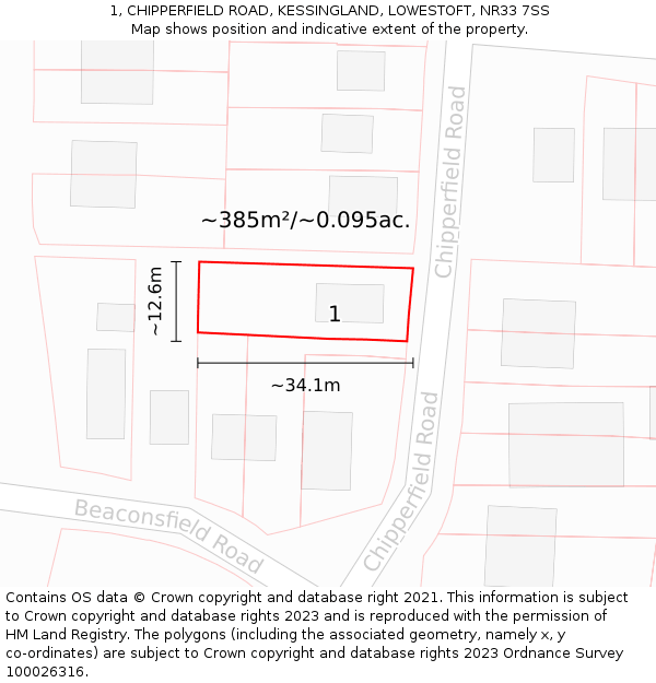1, CHIPPERFIELD ROAD, KESSINGLAND, LOWESTOFT, NR33 7SS: Plot and title map