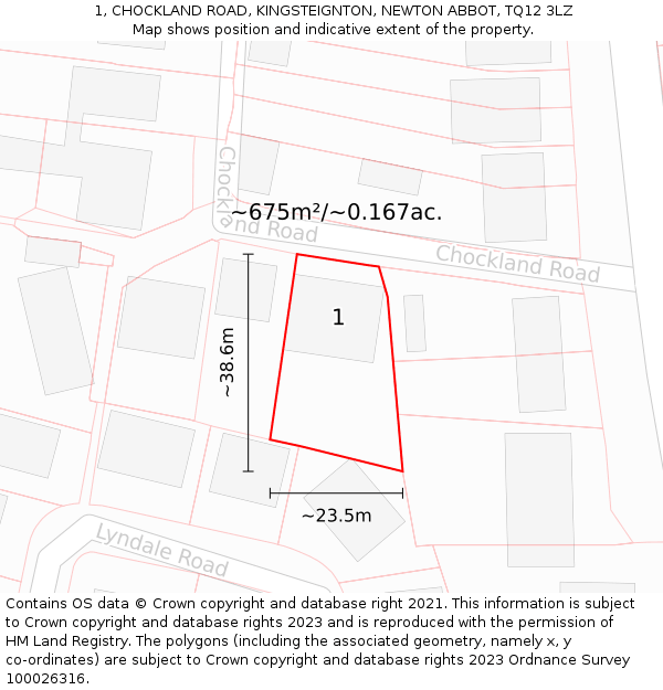 1, CHOCKLAND ROAD, KINGSTEIGNTON, NEWTON ABBOT, TQ12 3LZ: Plot and title map