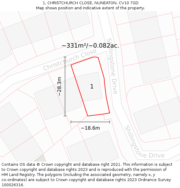 1, CHRISTCHURCH CLOSE, NUNEATON, CV10 7GD: Plot and title map