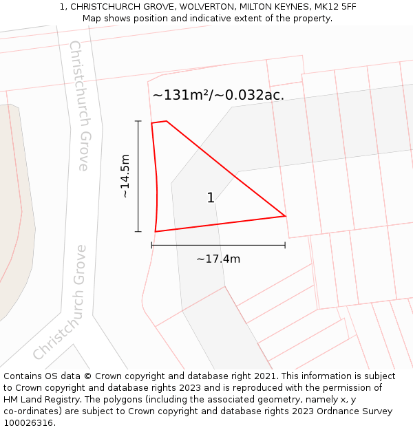 1, CHRISTCHURCH GROVE, WOLVERTON, MILTON KEYNES, MK12 5FF: Plot and title map