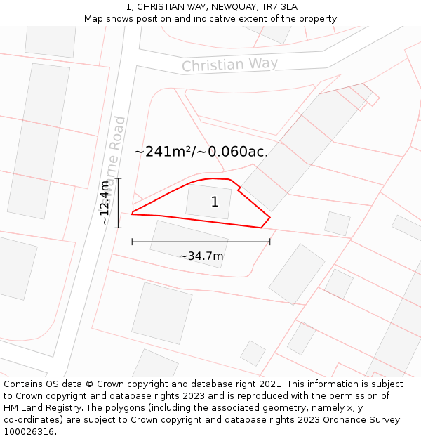 1, CHRISTIAN WAY, NEWQUAY, TR7 3LA: Plot and title map