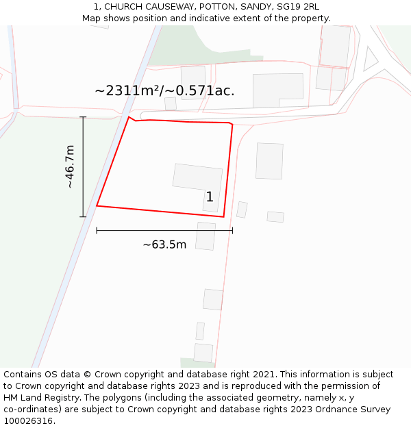 1, CHURCH CAUSEWAY, POTTON, SANDY, SG19 2RL: Plot and title map