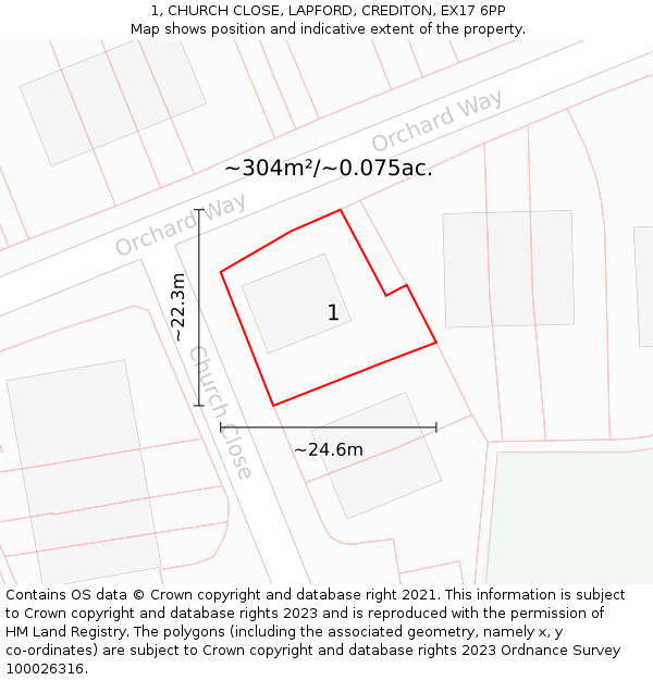 1, CHURCH CLOSE, LAPFORD, CREDITON, EX17 6PP: Plot and title map