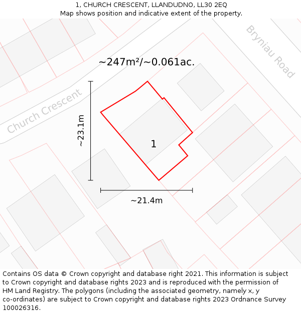 1, CHURCH CRESCENT, LLANDUDNO, LL30 2EQ: Plot and title map