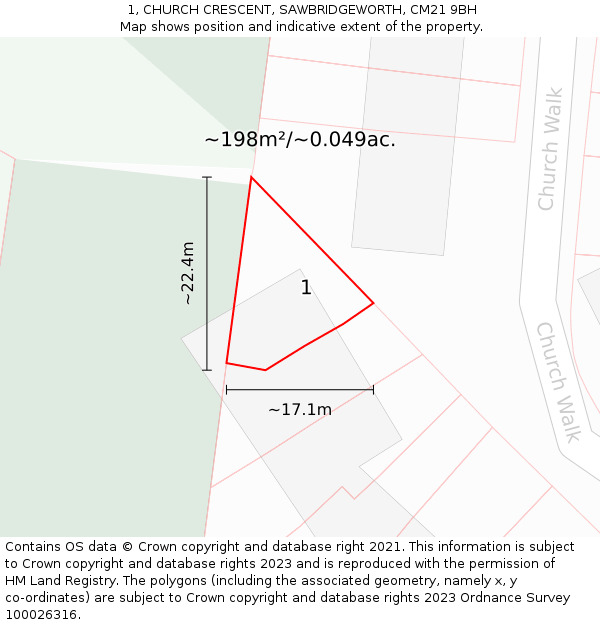 1, CHURCH CRESCENT, SAWBRIDGEWORTH, CM21 9BH: Plot and title map