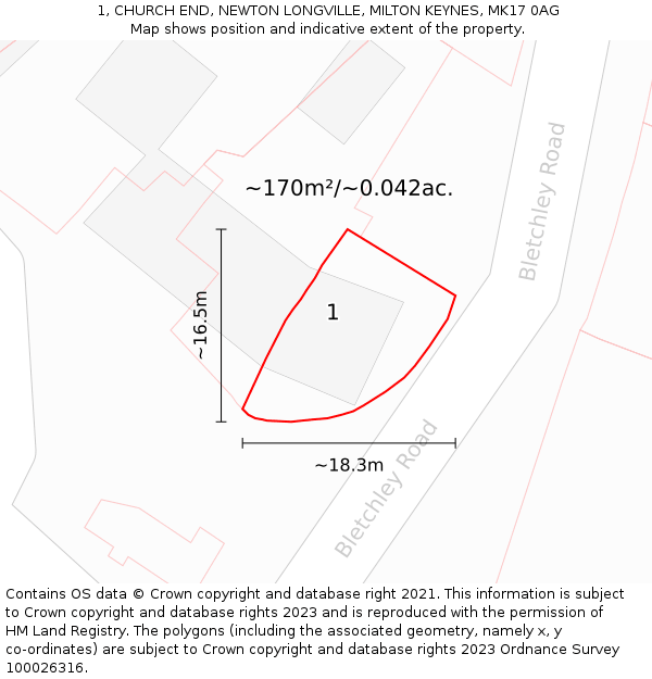 1, CHURCH END, NEWTON LONGVILLE, MILTON KEYNES, MK17 0AG: Plot and title map