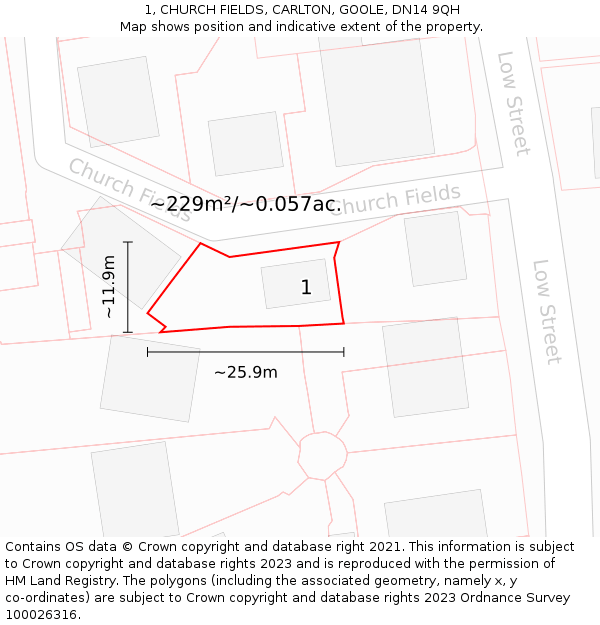 1, CHURCH FIELDS, CARLTON, GOOLE, DN14 9QH: Plot and title map