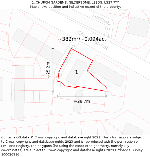 1, CHURCH GARDENS, GILDERSOME, LEEDS, LS27 7TY: Plot and title map