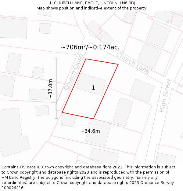 1, CHURCH LANE, EAGLE, LINCOLN, LN6 9DJ: Plot and title map