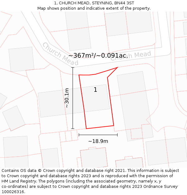 1, CHURCH MEAD, STEYNING, BN44 3ST: Plot and title map