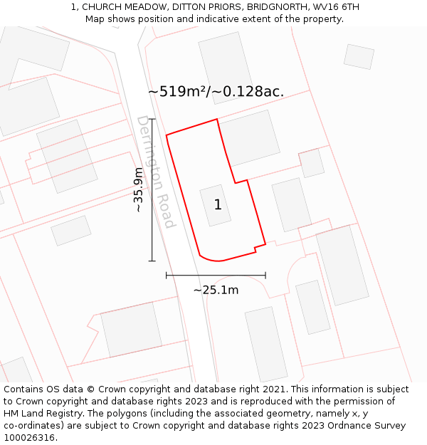 1, CHURCH MEADOW, DITTON PRIORS, BRIDGNORTH, WV16 6TH: Plot and title map