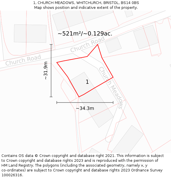 1, CHURCH MEADOWS, WHITCHURCH, BRISTOL, BS14 0BS: Plot and title map