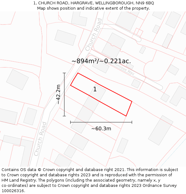 1, CHURCH ROAD, HARGRAVE, WELLINGBOROUGH, NN9 6BQ: Plot and title map