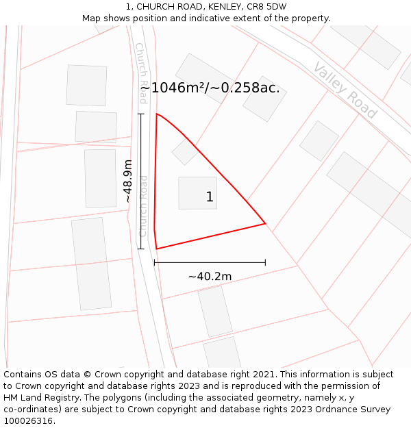 1, CHURCH ROAD, KENLEY, CR8 5DW: Plot and title map