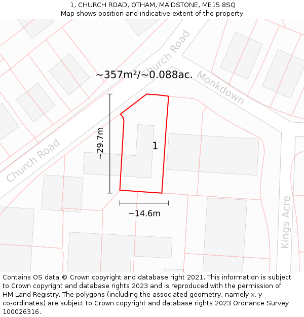 1, CHURCH ROAD, OTHAM, MAIDSTONE, ME15 8SQ: Plot and title map