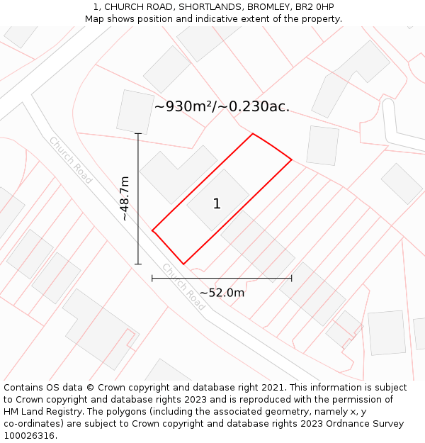 1, CHURCH ROAD, SHORTLANDS, BROMLEY, BR2 0HP: Plot and title map