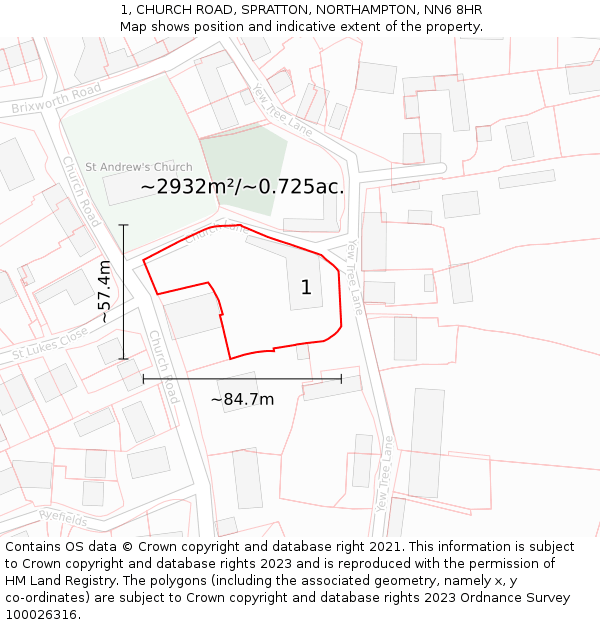 1, CHURCH ROAD, SPRATTON, NORTHAMPTON, NN6 8HR: Plot and title map