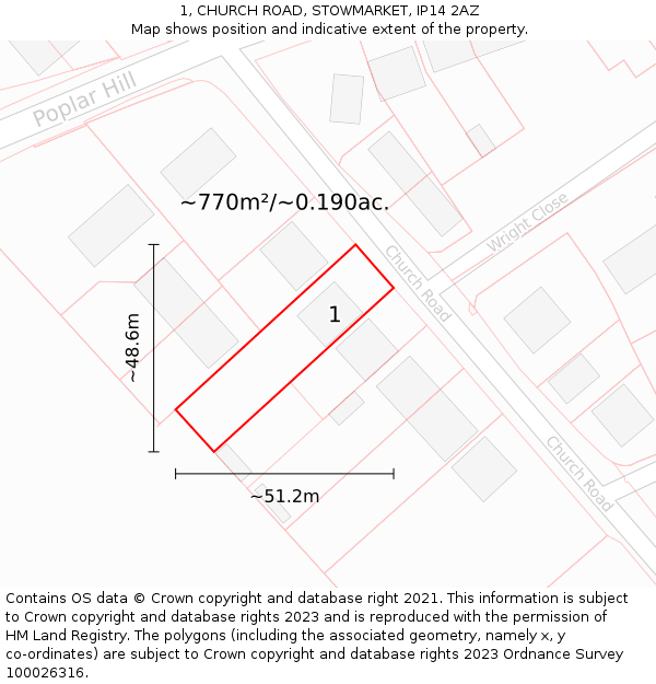 1, CHURCH ROAD, STOWMARKET, IP14 2AZ: Plot and title map