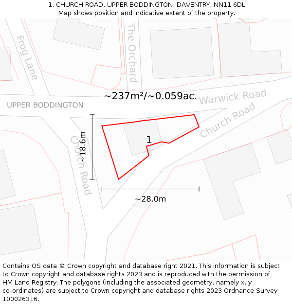 1, CHURCH ROAD, UPPER BODDINGTON, DAVENTRY, NN11 6DL: Plot and title map