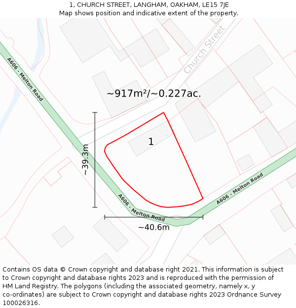 1, CHURCH STREET, LANGHAM, OAKHAM, LE15 7JE: Plot and title map