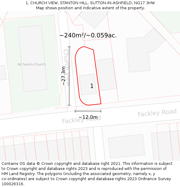 1, CHURCH VIEW, STANTON HILL, SUTTON-IN-ASHFIELD, NG17 3HW: Plot and title map