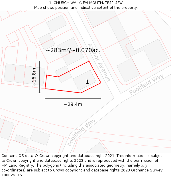 1, CHURCH WALK, FALMOUTH, TR11 4FW: Plot and title map