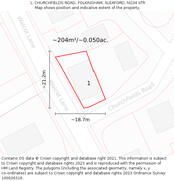 1, CHURCHFIELDS ROAD, FOLKINGHAM, SLEAFORD, NG34 0TR: Plot and title map