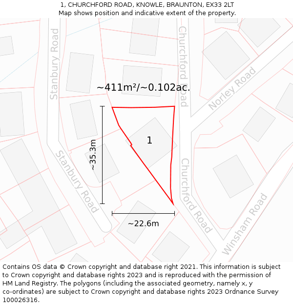 1, CHURCHFORD ROAD, KNOWLE, BRAUNTON, EX33 2LT: Plot and title map