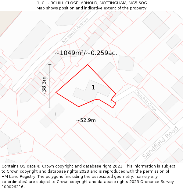 1, CHURCHILL CLOSE, ARNOLD, NOTTINGHAM, NG5 6QG: Plot and title map