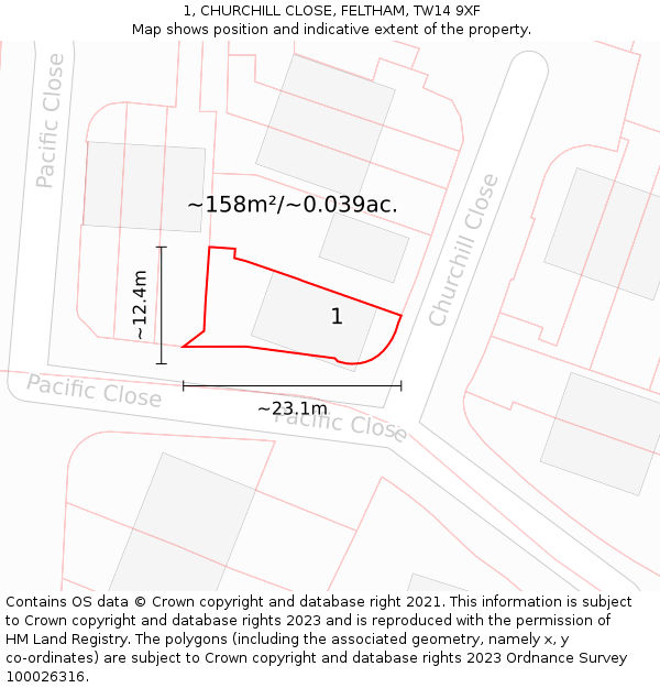 1, CHURCHILL CLOSE, FELTHAM, TW14 9XF: Plot and title map