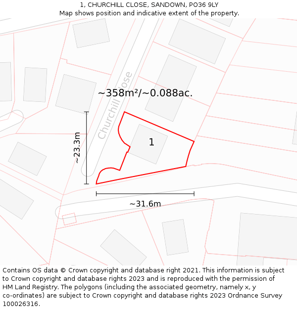 1, CHURCHILL CLOSE, SANDOWN, PO36 9LY: Plot and title map