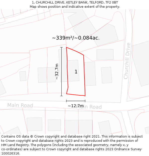 1, CHURCHILL DRIVE, KETLEY BANK, TELFORD, TF2 0BT: Plot and title map