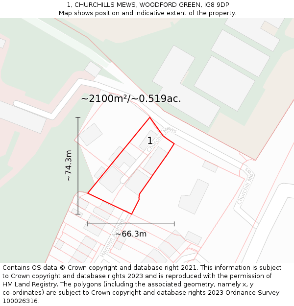 1, CHURCHILLS MEWS, WOODFORD GREEN, IG8 9DP: Plot and title map