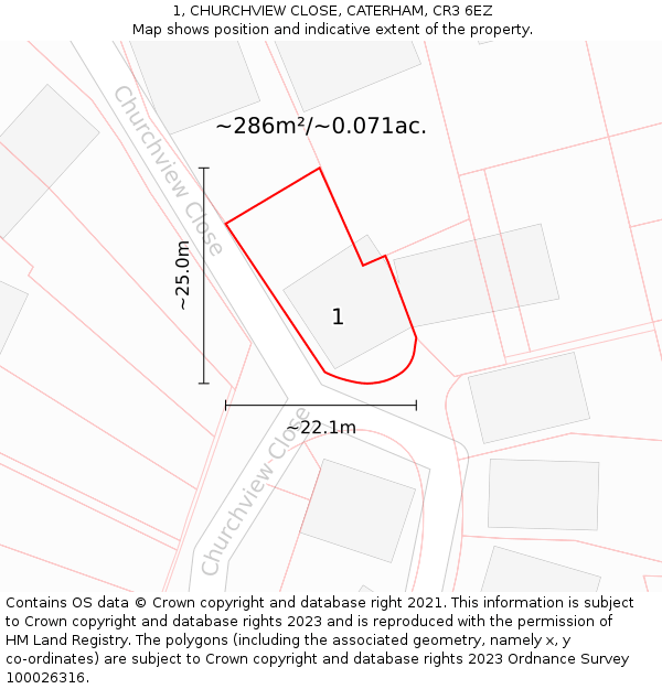 1, CHURCHVIEW CLOSE, CATERHAM, CR3 6EZ: Plot and title map