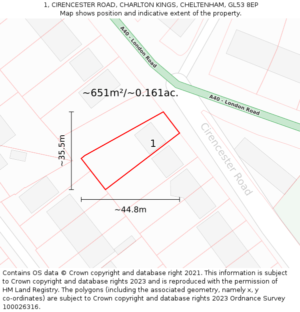 1, CIRENCESTER ROAD, CHARLTON KINGS, CHELTENHAM, GL53 8EP: Plot and title map