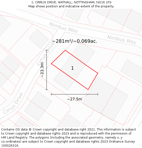 1, CIRRUS DRIVE, WATNALL, NOTTINGHAM, NG16 1FS: Plot and title map