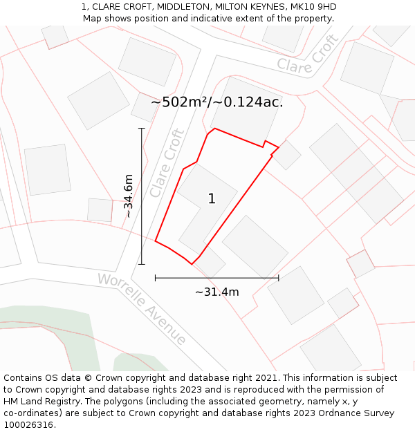 1, CLARE CROFT, MIDDLETON, MILTON KEYNES, MK10 9HD: Plot and title map